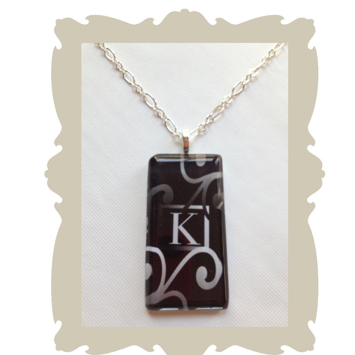 Personalized Glass Rectangular Pendant with silver chain necklace handmade jewelry  with white initial set on black and white art