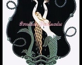 DECO Mermaid Reproduction Cotton Fabric Print 3.25X5" Crazy Quilt Block Applique