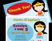Super Girl Super hero Inspired Girl Birthday Party Invitation set  - Includes Customized Digital Invite and Thank You Card