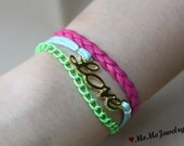 Love Bracelet , Gold / Antique Brass / Silver Charm Bracelet , Wax Cords and Imitation  Leather Braid Bracelet  , Friendship Gift