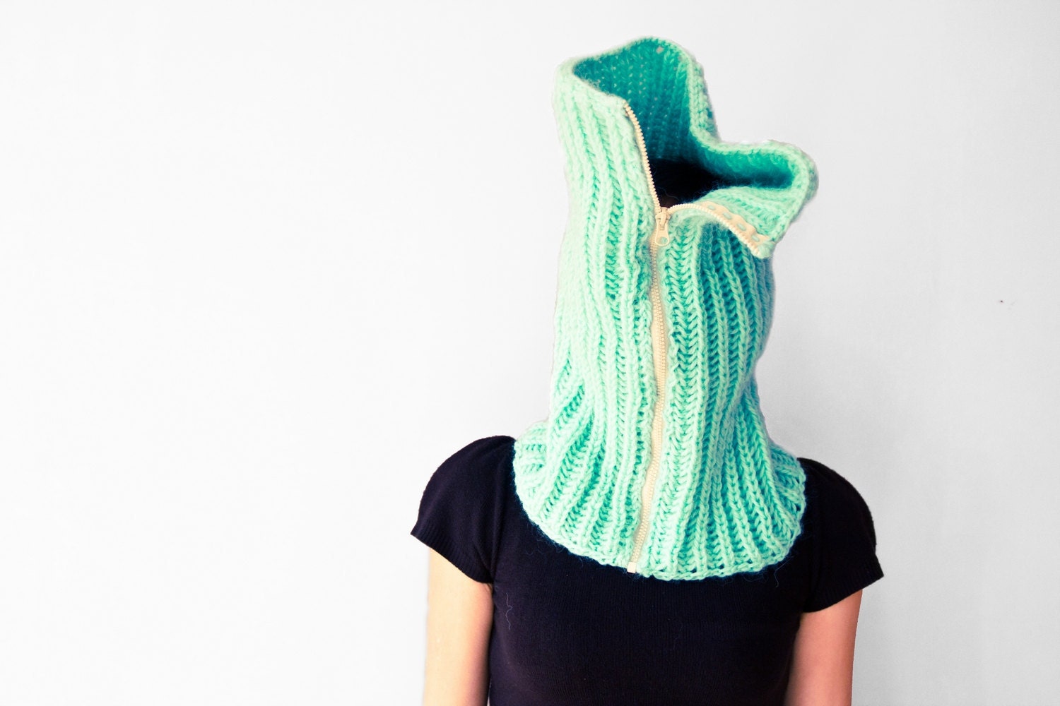 Super Large Chunky Infinity Scarf, Mint Knit Zipper Cowl Scarf, Winter Hooded Cowl, mint