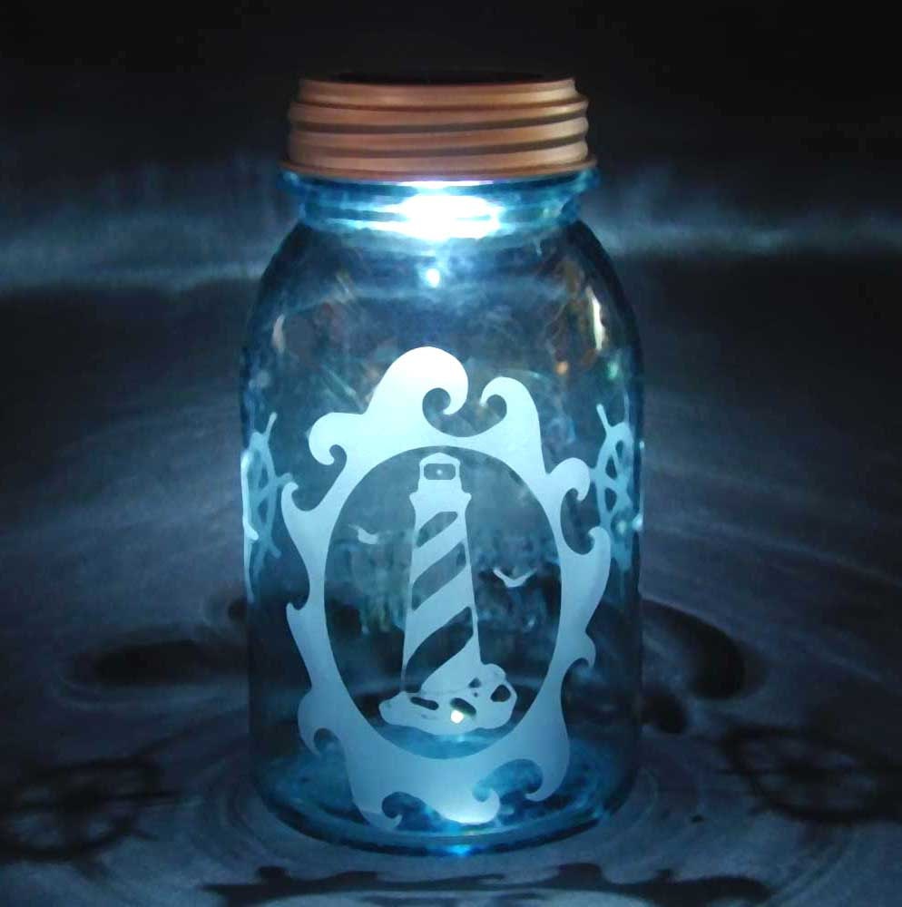 Lighthouse Solar Mason Jar Blue Ball Jar Solar Art Upcycled Hanging Lantern Unique Gift Handmade