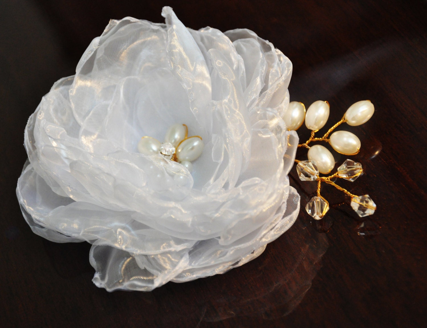 Bridal Flower Comb - Headpiece - Silk Chiffon Flower Rhinestone Pearl Clear Crystal Comb - Wedding Comb - Hair Accessories - Fascinator