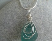 Genuine Sea Glass Deep Blue Stone Necklace Wire Wrapped Design Sterling Silver Chain 18"