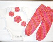 Baby Girl Organic Onesie and Pants Set, Headband, Crochet, Girl, Newborn, Pink, Multicolor, Ready To Ship,