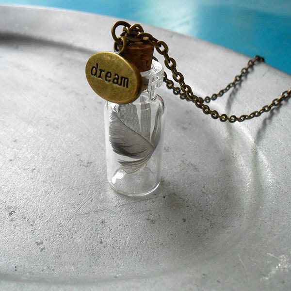 Necklace Dream - glass bottle filled with a feather and closed with a dream charm - IndicaJewelry