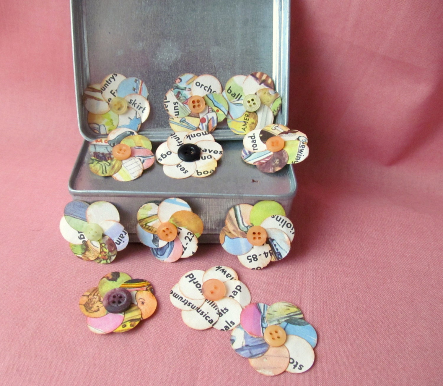 Fancy flowers: 12 handmade, upcycled, vintage, self-adhesive flowers