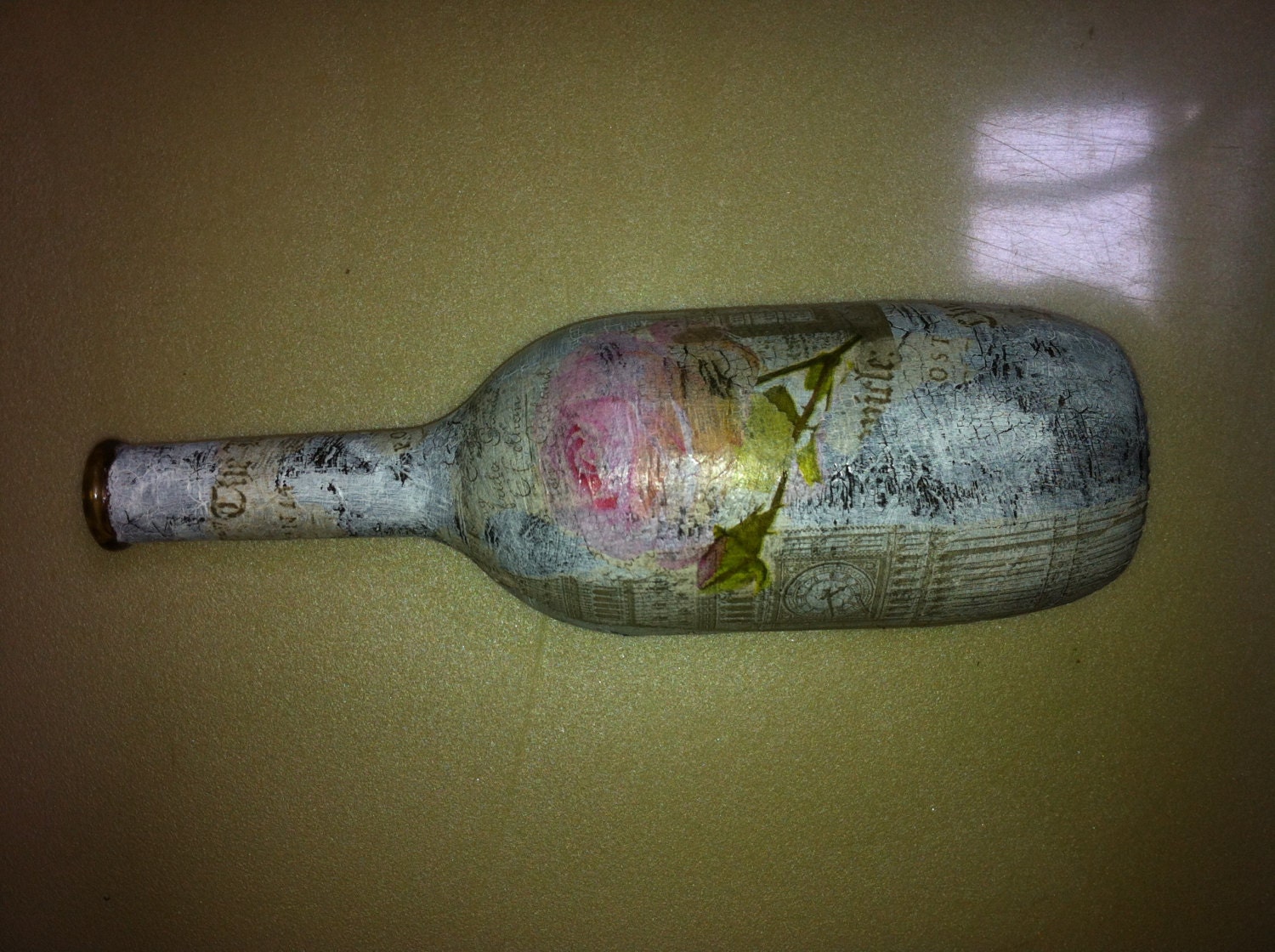 Love London decorative bottle, decoupaged, aged, unique