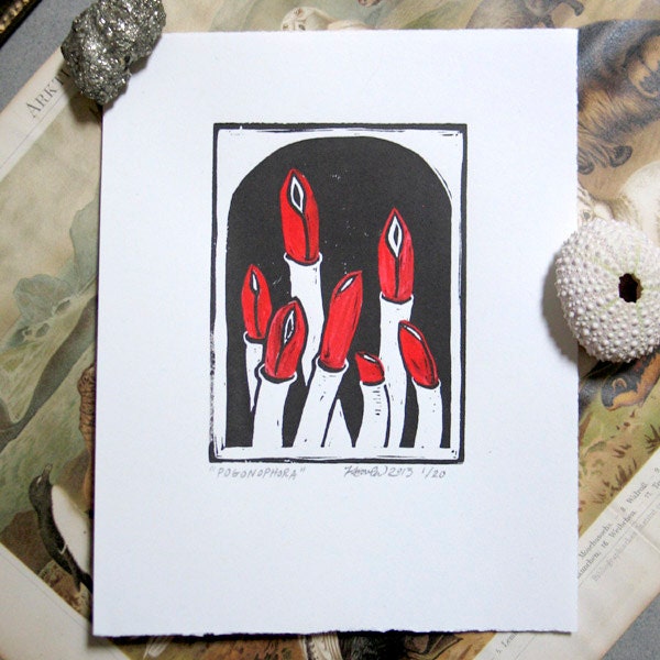 Original Hand-Colored Linoleum Block Print: Pogonophora