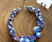 Cobalt Blue. Chunky Crochet Necklace and Earrings set. Glass and Stones.