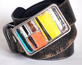 Striped Mosaic Buckle License Plate Black Yellow Vintage Metal