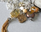 Necklace - sterling silver, vintage rhinestone, wire wrapped, mixed gemstone, freshwater pearl, sugar skull - Memento Mori