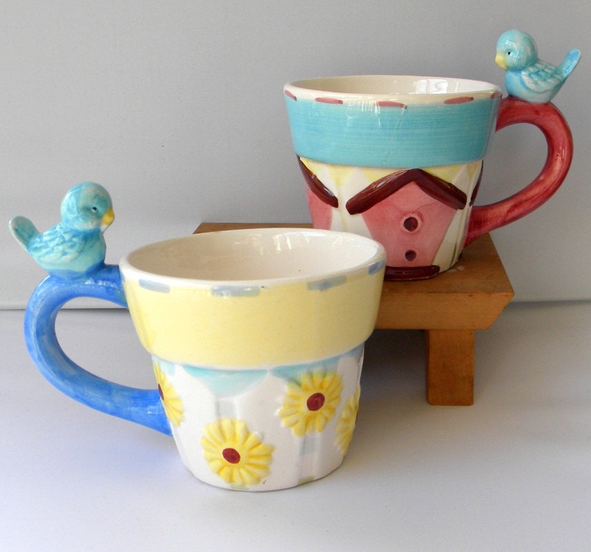 2 Vintage Cups Bluebird, Bird House Coffee Mug, Milk, Hot Chocolate