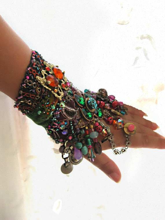 Enchant Gypsy Jangle Bracelet, Bejewelled, Antique Embroidered, Beaded, Purple, Green, Turquoise, Coral, Bohemian