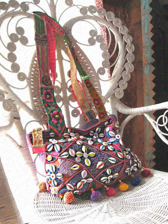 Pom Pom Sea Shell Bag, Beaded, Antique Embroidery, Upcycled, Purple, Pink, Green, Rainbow, Bohemian