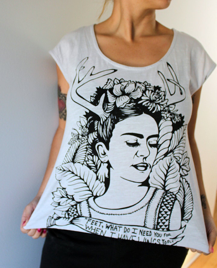 SALE Gray Cap Sleeve  Top with Frida Kahlo Screenprint - Medium