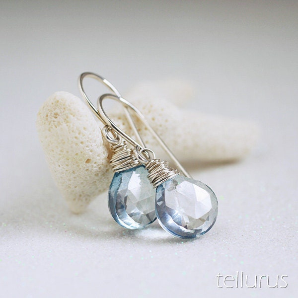 Mystic blue quartz sterling silver wire wrapped earrings - April Showers