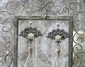 Oriental Splendor - Extra long Asian influenced peacock fan earrings.