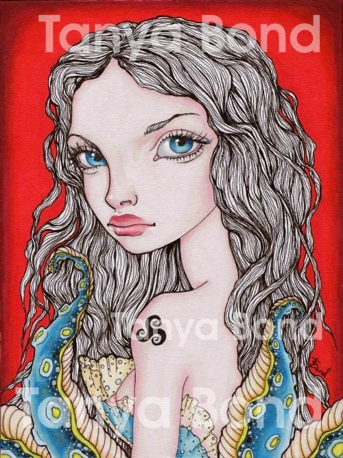 LUXURIA - gorgeous big eyed girl and octopus tentacles- surreal pop fantasy art - 5x7 print of an original painting by Tanya Bond