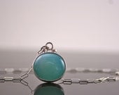 Blue Peruvian Opal Cabochon Necklace - Caribbean Blue Stone - Bezel Set - Sterling Silver