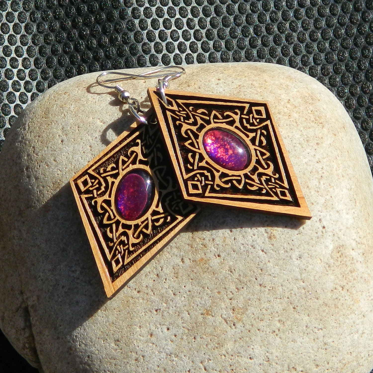 Victorian Weave Earrings - Oval - Purple Red Flake Glass Gems - Laser Cut Alder Wood and Glass Jewelry