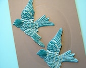 Pair AQUA BIRDS  Millinery Teal Turquoise Blue Pressed Pieces Large  Embossed from Antique Molds MORE AVAlLABLE