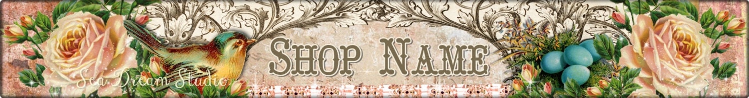 Beautiful Bird and Nest and roses Vintage Style Etsy Shop Banner by Sea Dream Studio one of a kind