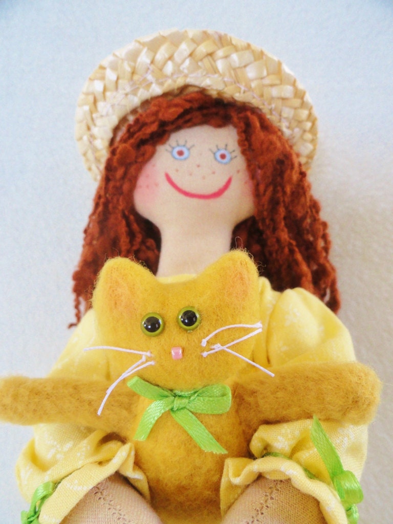 Little Girl Doll Hugging A Cat - Handmade Toy by Joelle's Dolls
