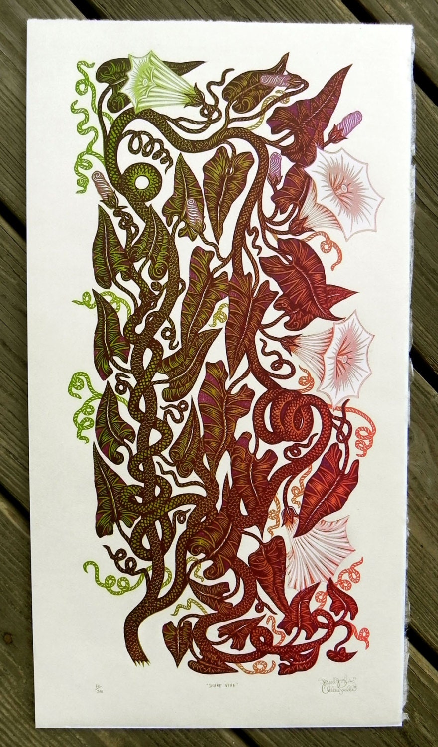 SNAKE VINE Woodcut Print, Woodblock Print