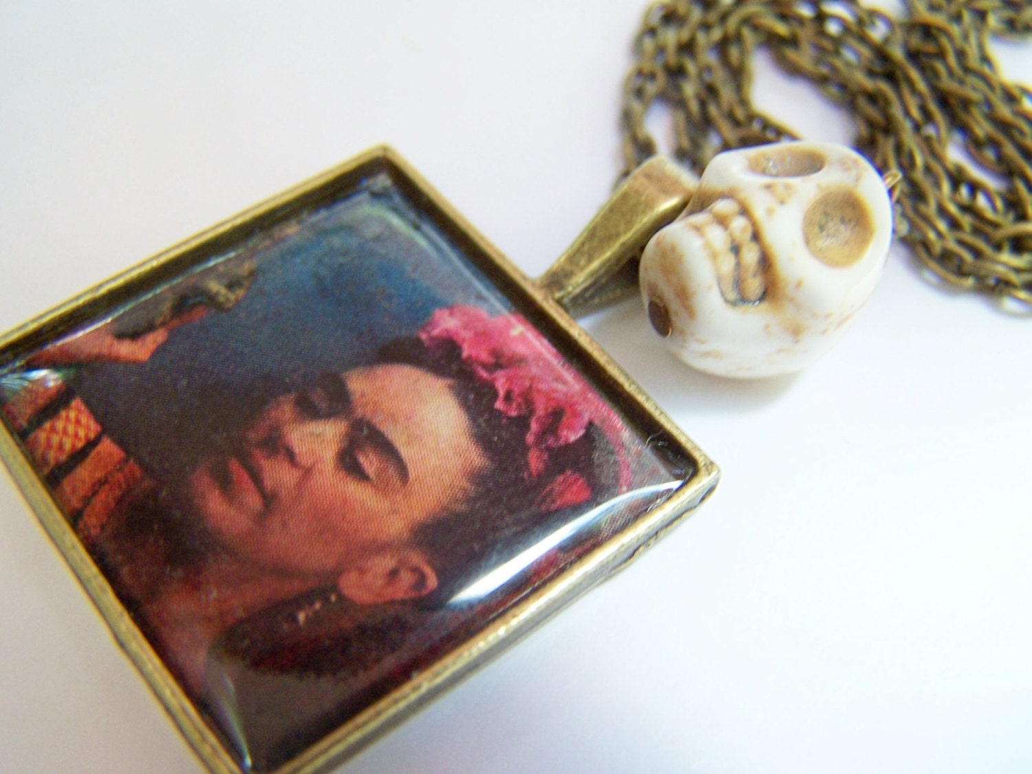 Frida Kahlo Necklace, Mexican Folk Artist Photo of Frida, Antiqued Brass Chain with Photograph Portrait Charm & Skull, Art Pendant