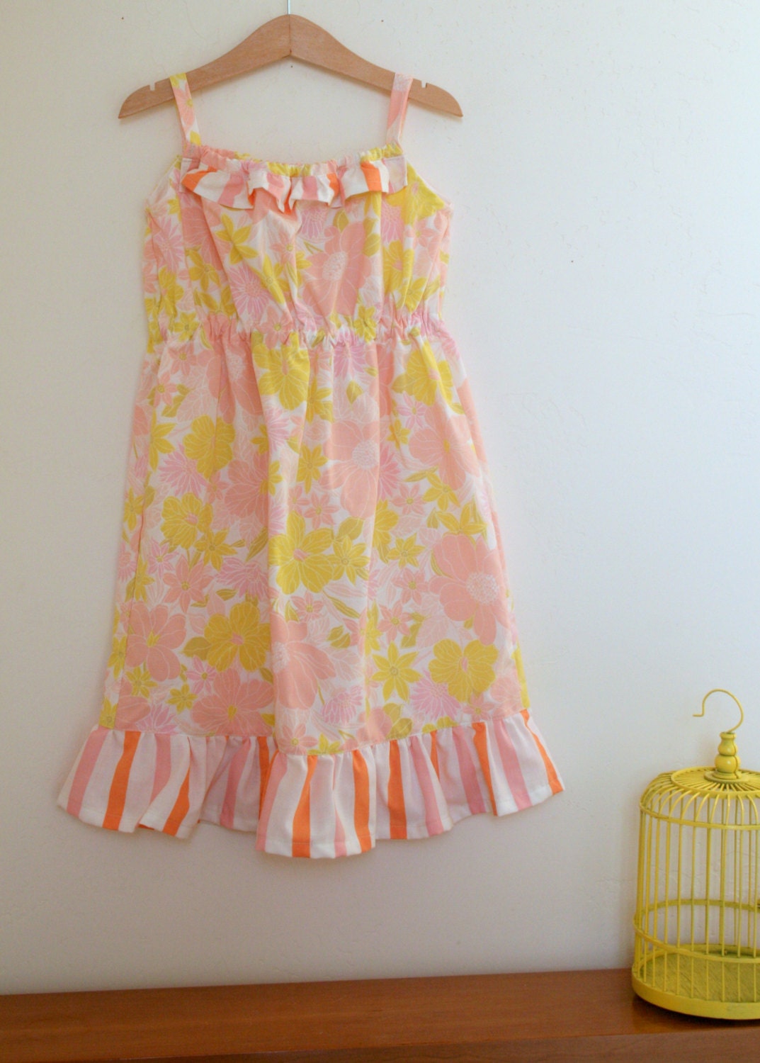 Sundress, Pink Pastel Vintage Floral with Stripes, Girl Size 6
