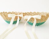 Aqua Blue Flower Girl Baskets with Pearl Handles - Set of 2 - Vintage Crochet Doily - Earth Friendly