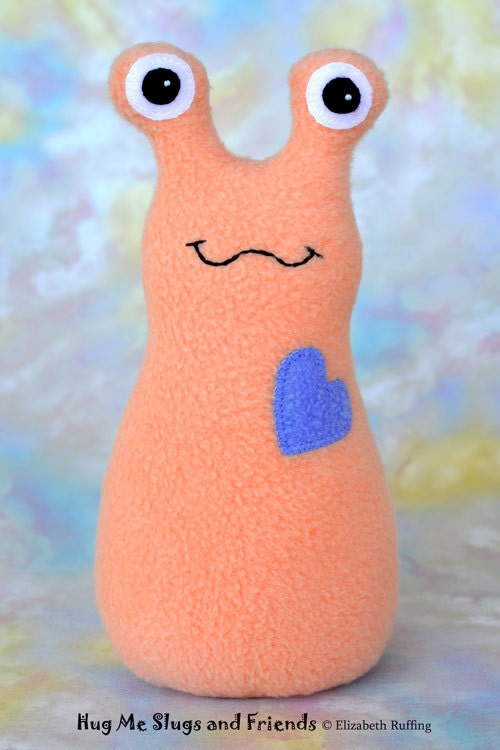 Handmade Slug, Stuffed Animal Plush Baby Doll Art Toy, Hug Me Slug, Personalized Tag, Soft Orange, Blue Fleece, 9 inch, Ready-made