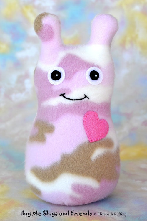 Handmade Camo Bug, Stuffed Animal Plush Doll Art Toy, Hug Me Bug, Personalized Hang Tag, Pink Camouflage Fleece, 9 inch, Ready-made
