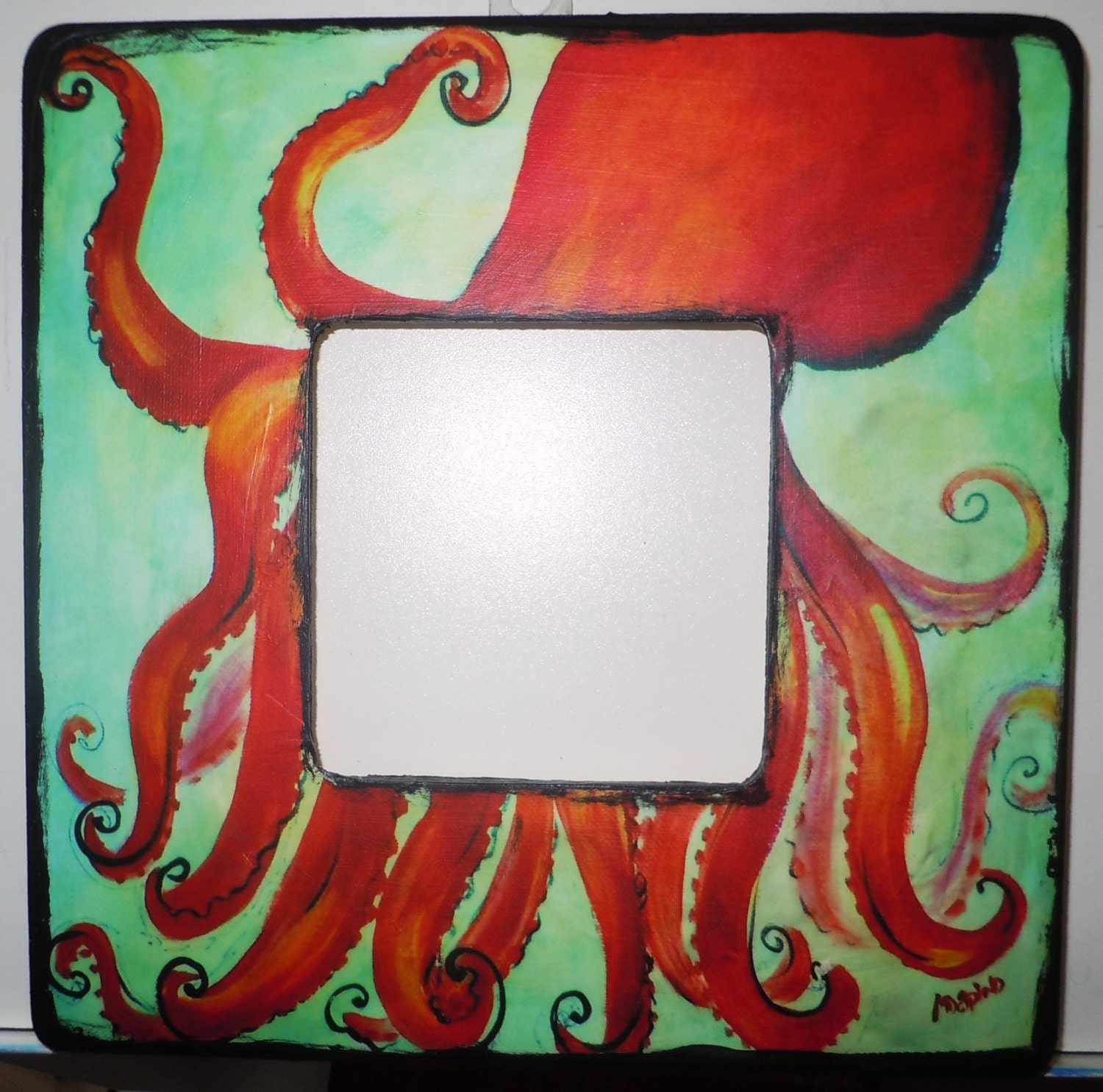 Picture Frame wood octopus jellyfish orange green nautical beach house decor ocean sea frame