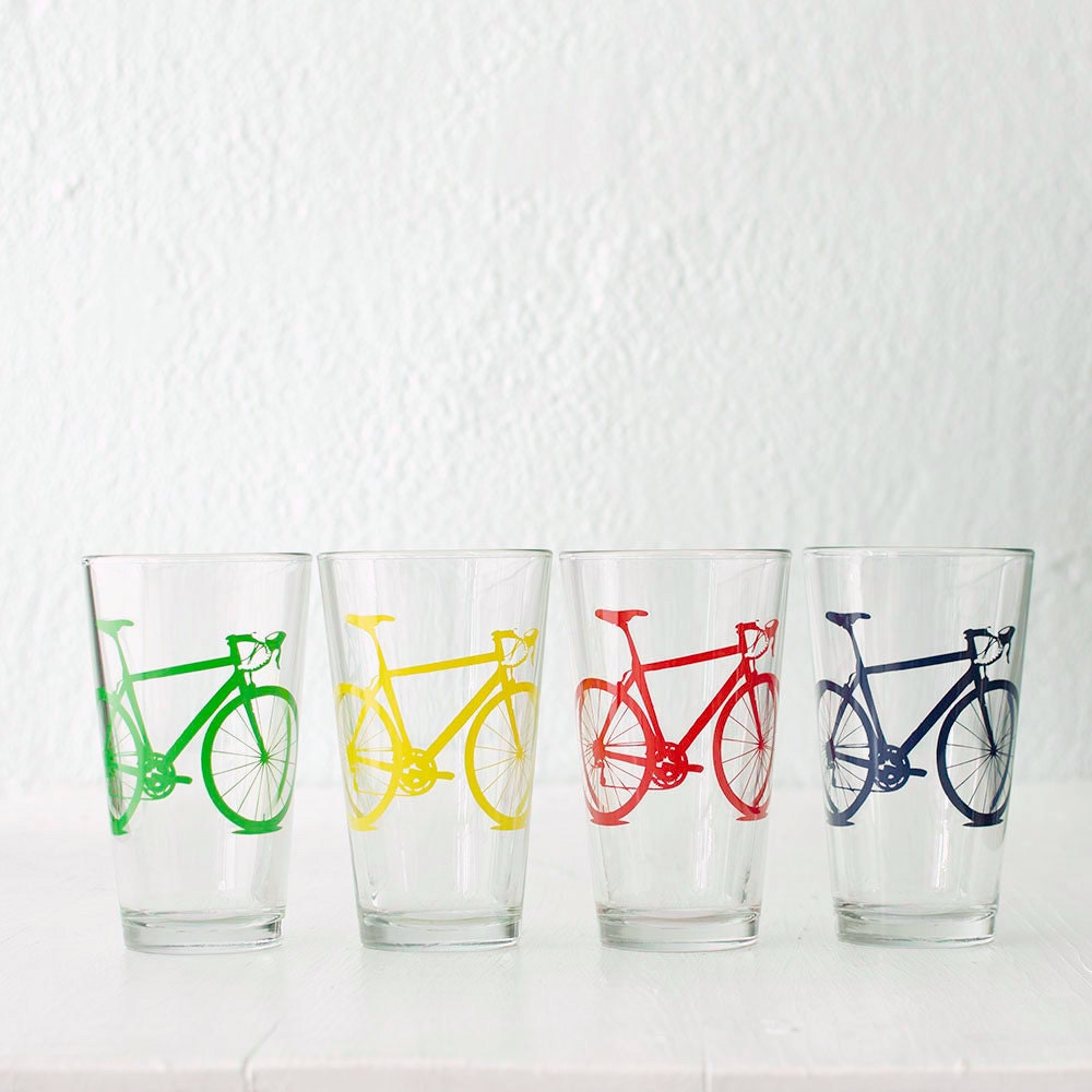 BIKE PARTY set of 4 screen printed bicycle pint rocks glasses