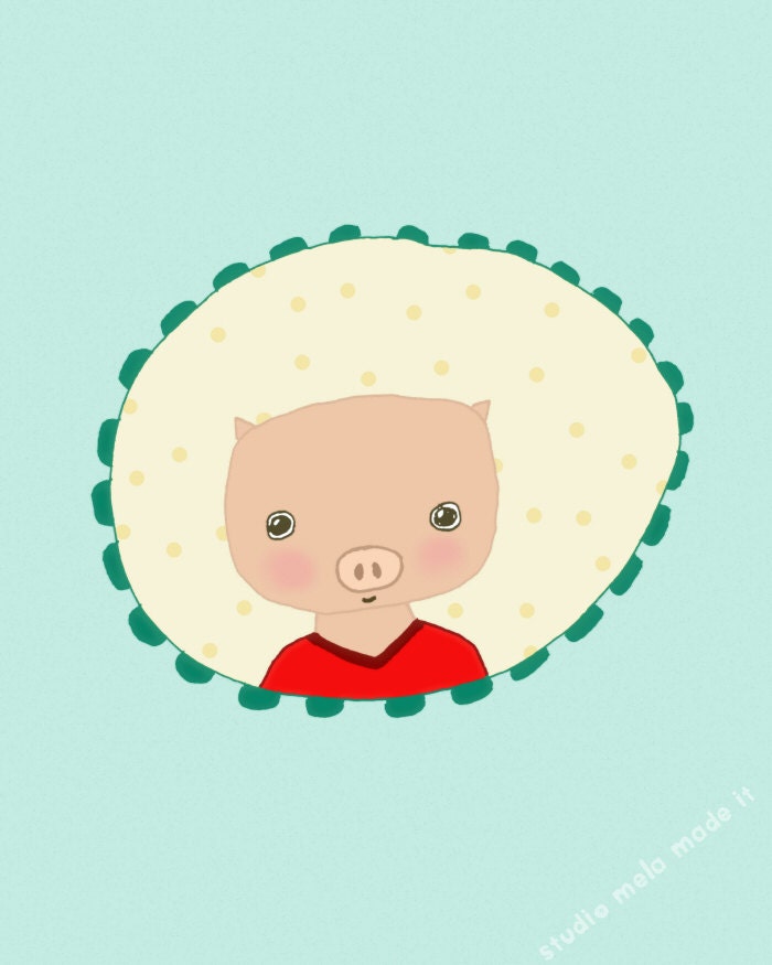 illustration print, drawing, animal illustration, kids art, nursery art print, cute, portrait, new baby, kids room - Piggy Portrait (blue)