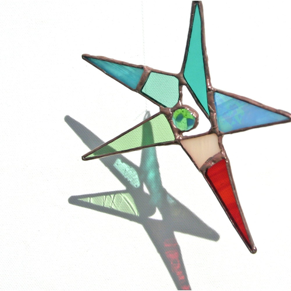 Abstract Stained and Fused Glass Star Suncatcher in Aqua, Teal, Blue Green and Red