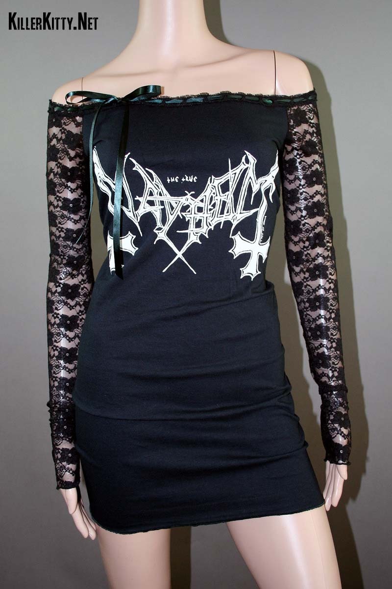 Mayhem Lace Ribbon Off Shoulder Dress Long Sleeve Black Metal