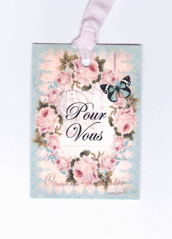 Pour Vous Tags , For You ,  Blue Butterfly , Pink Roses , Blue and White Tags