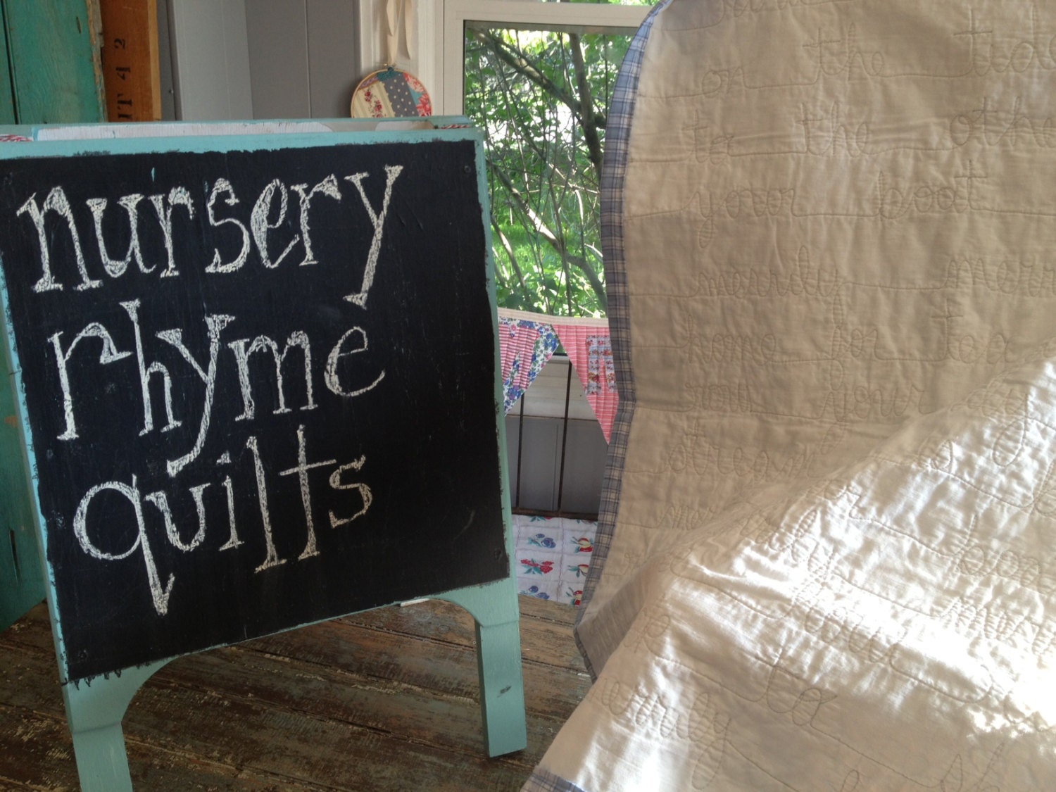 nursery rhyme quilt -- row row row your boat -- blue plaid