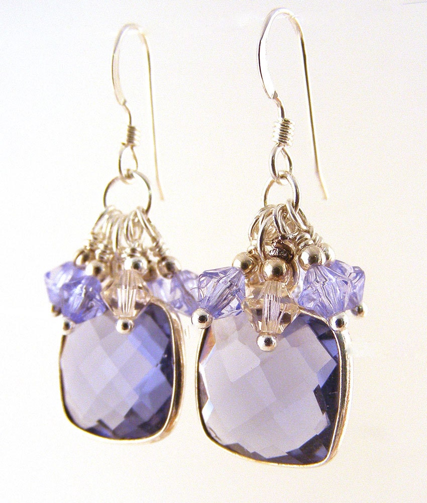 Tanzanite Crystal Earrings Square Dangle Cluster Sterling Silver Purple Periwinkle