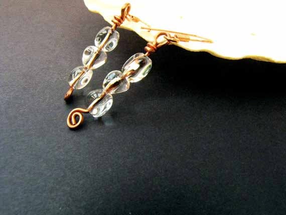 Copper Earrings Wire Wrapped Dangle Earrings Clear Bead Earrings Spiral Copper