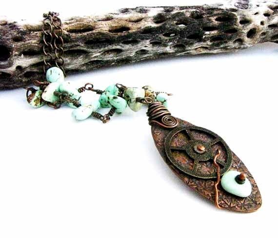 Steampunk Necklace Wire Wrapped Recycled Upcycled Eco friendly Metal Smith Repurposed Turquoise