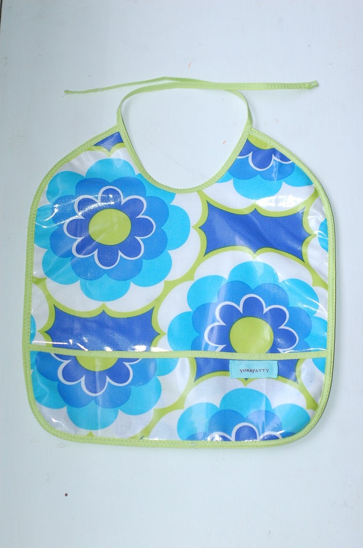 Lime and Blue Floral Laminated Pocket Bib - handmade, baby, infant, toddler, boy, girl, feeding, BPA free
