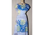 Light Blue Long Cotton Jersey T Dress Scoop Neck blue, grey, and yellow print