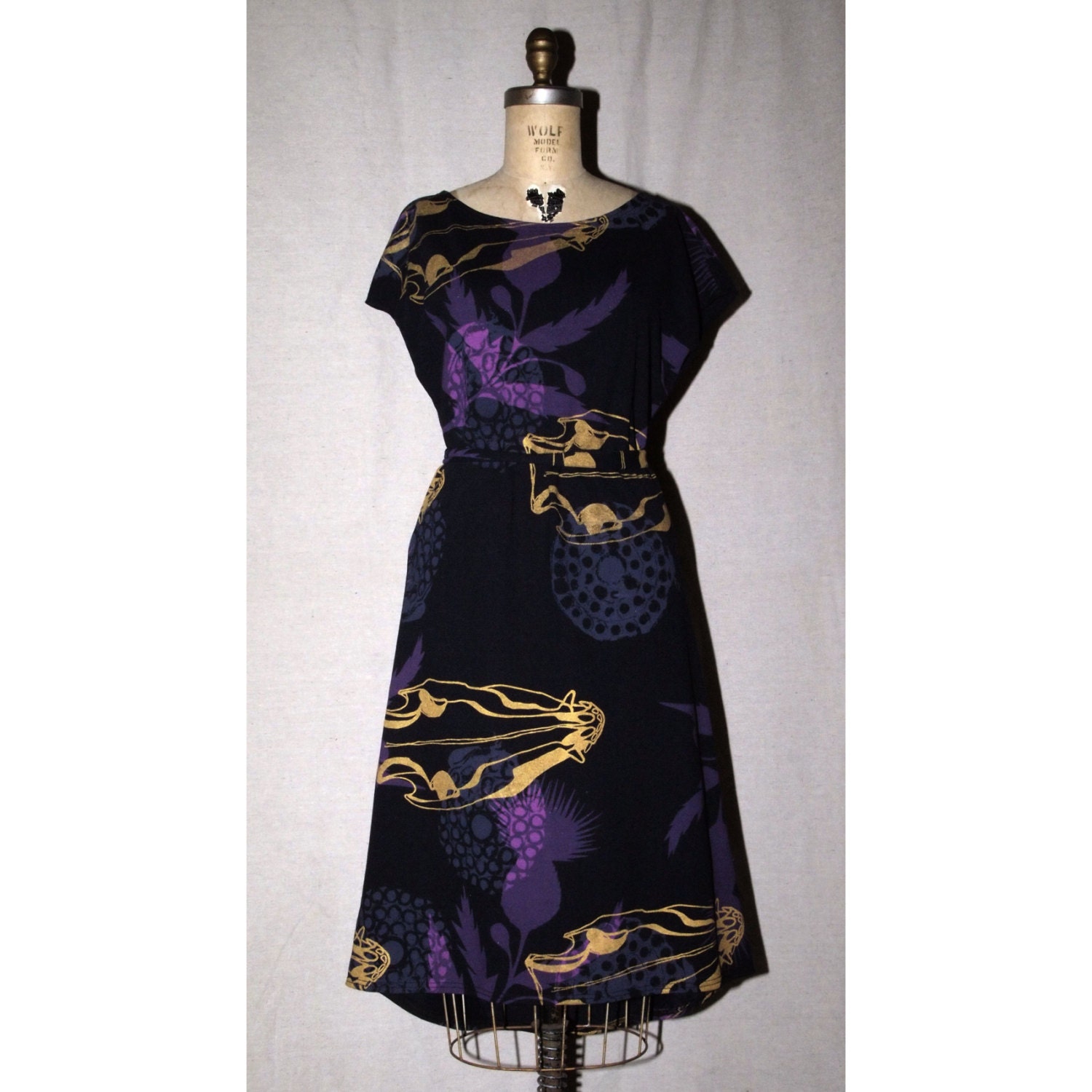 Black Long Cotton Jersey T Dress Scoop Neck grey, metallic gold, pink print