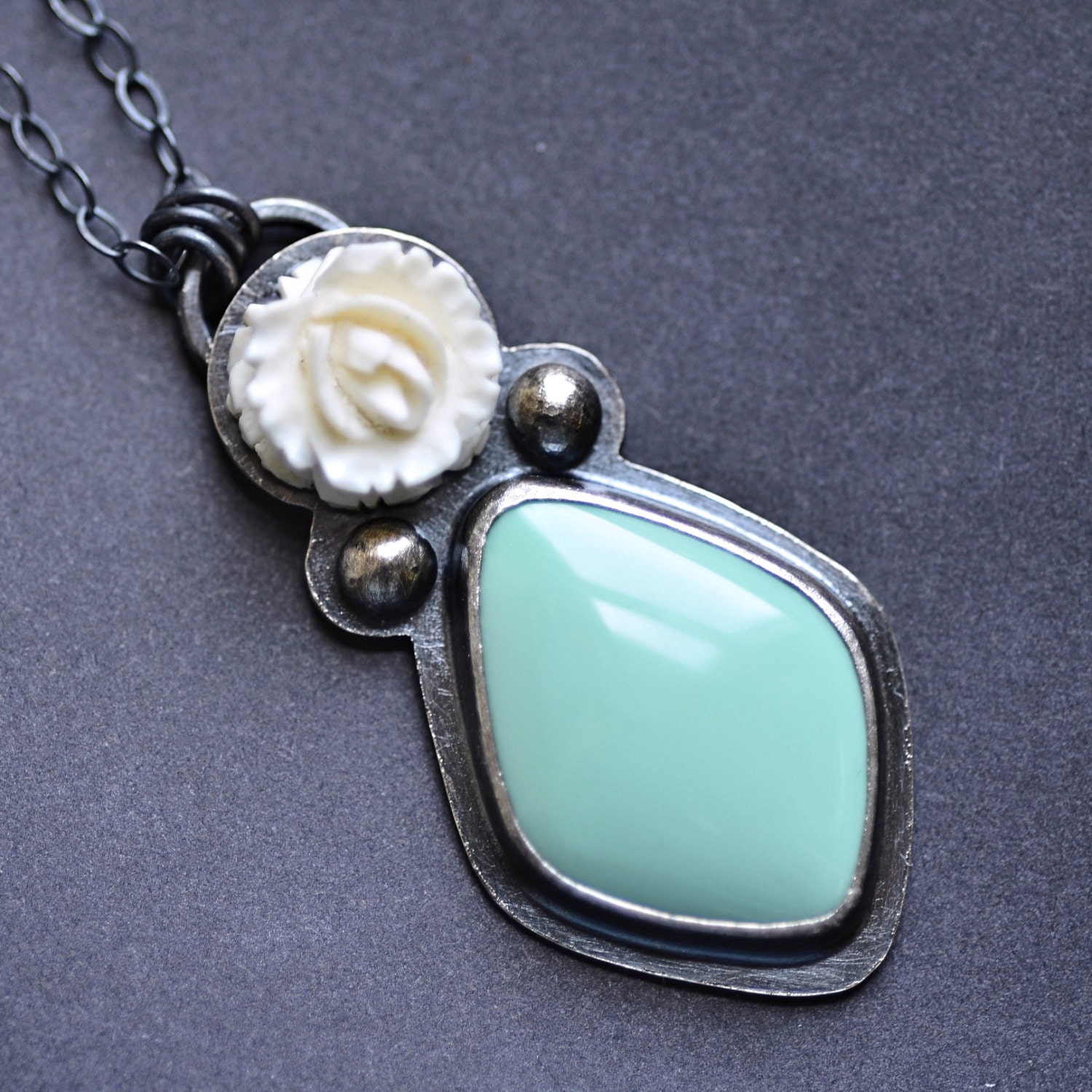 With A Flower Carved Ivory Rose and Variscite Sterling Silver Necklace