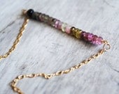 Tourmaline Gemstone Necklace 14kt Gold Fill Rainbow Pink Green Maroon