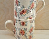 Butterfly Rainbow Mug- Handbuilt, Block-printed, colorful coffee mug in bright colors- lime green interior